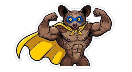 Naklejka premium Muscular Superhero Aye-aye Character Sticker with Yellow Cape