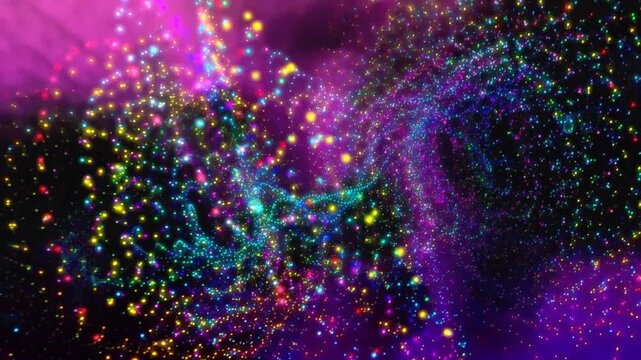 Swirling neon particles flowing in abstract motion background with vibrant colorful light nebula effect