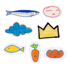 Fototapeta premium Collection of whimsical hand-drawn doodle stickers featuring a fish, a crown, a cloud, a carrot, and happy faces