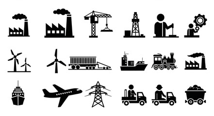 Collection of industry and transportation icons representing various aspects of production. © malika