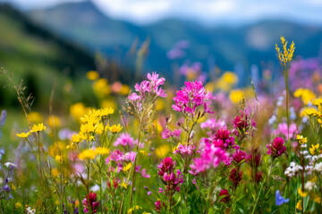 Obraz premium Vibrant wildflowers in full bloom across a mountain meadow with soft focus hills and blue sky in the background creating a serene natural landscape scene