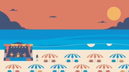 Obraz premium A vibrant beach scene at sunset with a stage and umbrellas