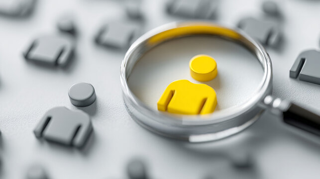 A magnifying glass centered on a yellow human silhouette surrounded by out-of-focus gray figures, illustrating the concept of finding the right person for a job.