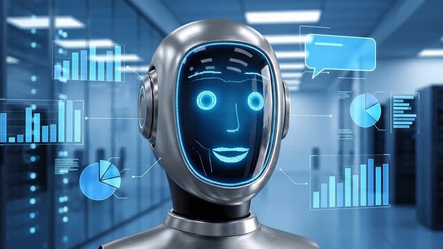 Advanced artificial intelligence robot presenting complex data analytics and machine learning insights, showcasing cutting-edge technological advancements in computing.