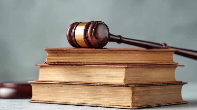This image features a classic judge's gavel placed on several law books, representing the judicial system and legal proceedings. The composition highlights themes of justice, law, and authority