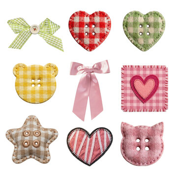 Cute Fabric Patches and Buttons Featuring Hearts, Stars, and Animal Shapes