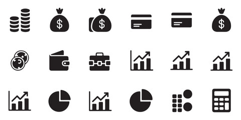 Finance icon set with solid black flat vector symbols including coins money bags wallets charts calculator