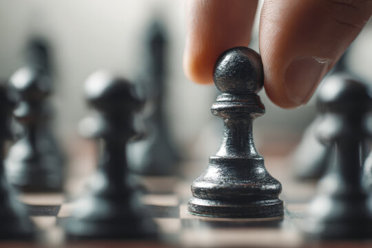 A thoughtful human hand strategically moves a black pawn on a chessboard during an intense game to plan the next winning move and outsmart the opponent
