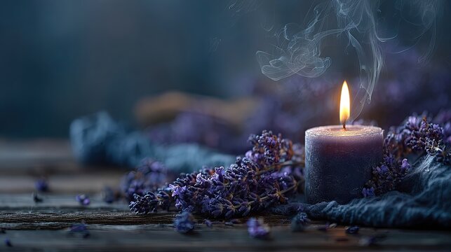 Single purple candle with rising smoke on rustic wooden table surrounded by fresh lavender sprigs against dark blurred background, concept of aromatherapy relaxation
