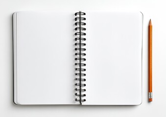 Open spiral-bound notebook with blank white pages and a sharpened pencil on a white surface