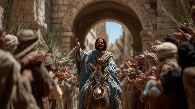 Jesus Christ triumphantly enters Jerusalem riding a humble donkey, surrounded by an adoring crowd waving palm branches during a significant biblical event. Nativity triumphant entry Hosanna. 
