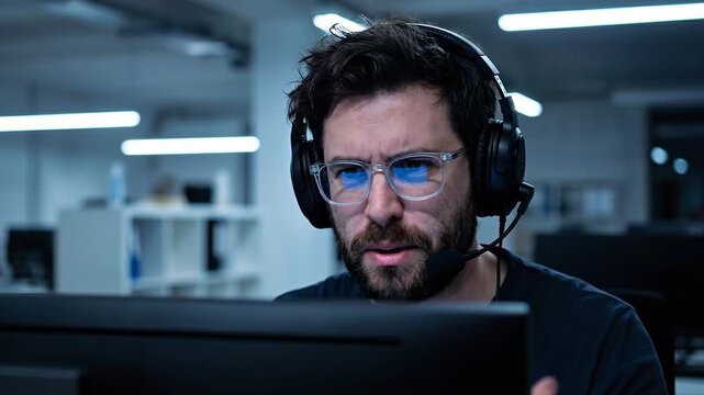 Intense professional gamer wearing blue light glasses and headset focused while reacting strongly to computer screen