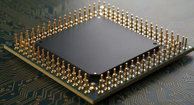 Modern Square Integrated Circuit with Gold Pins on Detailed Circuit Board &mdash; Close-Up

