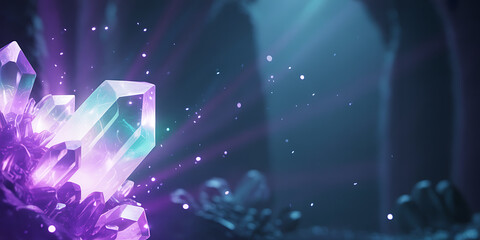 Magical Glowing Purple and Teal Crystal Formation with Sparkling Particles