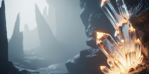 Luminous Quartz Crystals Glowing Brightly in Mysterious Cave
