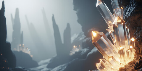 Mystical Crystal Cave with Glowing Gems in Foggy Underground World