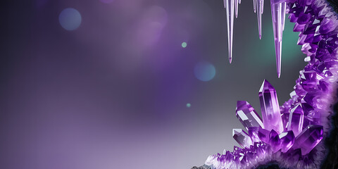 Vibrant Purple Amethyst Crystal Formation with Icicles and Bokeh Light Effects