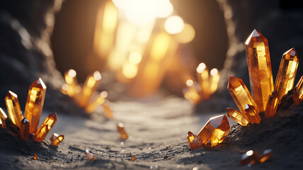Glowing Orange Crystals Illuminating Subterranean Cave Environment