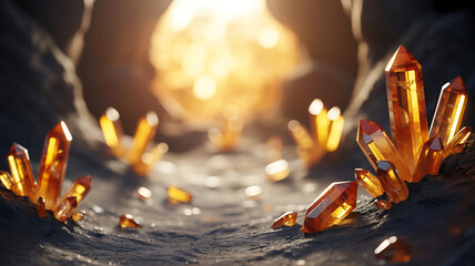 Luminous Orange Crystals in Mystical Underground Cave Environment