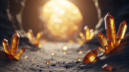 Mystical Amber Crystals Glowing in Cave Environment