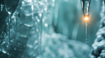 Shining Icicle with Warm Glow Against Cold Winter Background