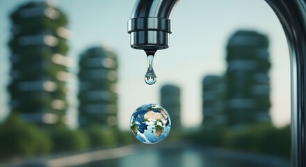 Dripping faucet with a single water drop containing the Earth, symbolizing global water conservation in an urban environment