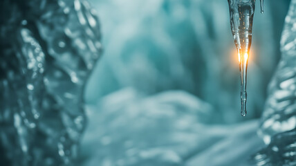 Melting Icicle with Warm Glow in Winter Ice Background