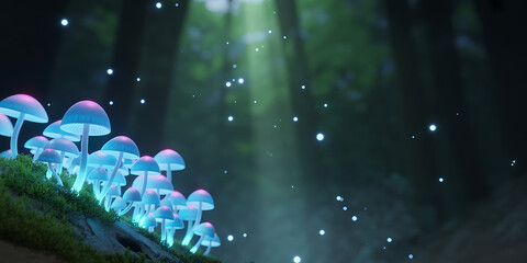 Enchanting Glowing Mushrooms and Magical Fireflies in Mystical Forest