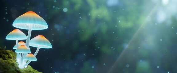 Magical Glowing Mushrooms on Mossy Ground in Ethereal Fantasy Forest