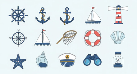 Nautical themed collection of various maritime symbols and objects. © Efan