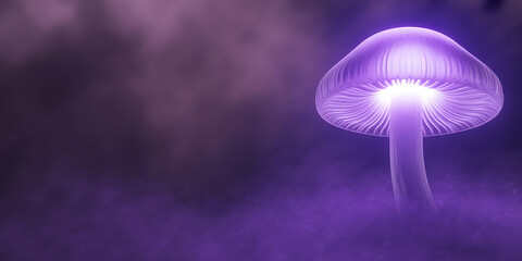 Mysterious Glowing Purple Mushroom Illuminates Magical Foggy Forest Scene