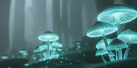 Enchanting Luminous Blue Mushrooms Glowing in Mysterious Fantasy Forest