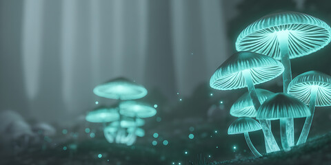 Enchanting Bioluminescent Mushrooms Illuminating Magical Misty Forest Scene