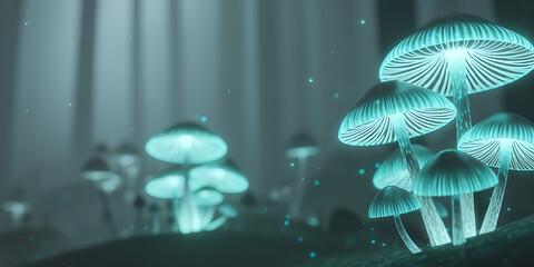 Luminous Glowing Mushrooms in Enchanted Forest with Magical Light Particles