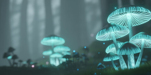 Magical Glowing Mushrooms in Ethereal Fantasy Forest Landscape with Bokeh