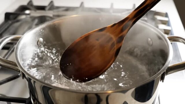 Boiling eggs in a stainless steel pot on a gas stove, cooking food for breakfast or brunch