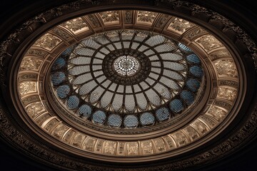 Fototapeta premium Ornate stained glass dome ceiling of historic Chicago Sullivan Center. Intricate geometric pattern and architecture for travel destination concepts.