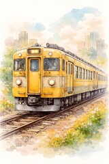 Obraz premium Classic Yellow Train Traveling Through Lush Landscape with Cityscape in Background, Beautiful Day and Warm Light Enhancing Scenic View