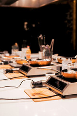 Cooking class workstations ready for culinary masterclass