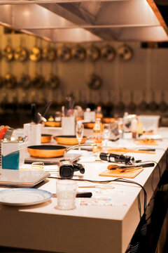 Cooking class workstations ready for culinary masterclass