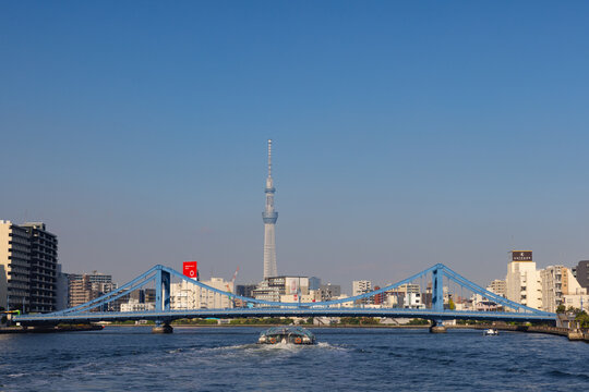 Skytree tower. View from boat trip on the Sumida River