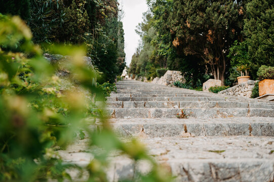 Selective focus on El Calvari stone steps in Pollen&ccedil;a, Mallorca