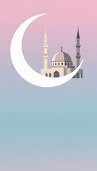Minimalist Flat Vector Illustration of a Mosque and Crescent Moon on Pastel Gradient Background