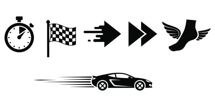 Collection of black vector graphic icons representing speed, racing, movement, timing, and quick progression elements.