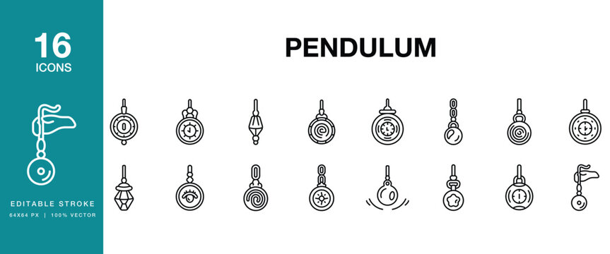 Pendulum icon set. Includes pendulum, swing, oscillation, motion, gravity and More. Editable Stroke Icon Collection.