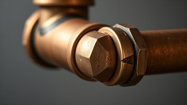 flippant. Close-up of a shiny brass joint connecting two copper pipes. safety posters, maintenance manuals, designed for industrial assembly lines and welding operations, used by engineers.
