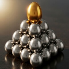 Fototapeta premium Golden egg atop a pyramid of silver spheres on dark surface
