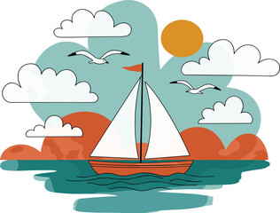 Naklejka premium Sailboat glides across serene ocean waters under sunny sky with fluffy clouds and seagulls flying overhead