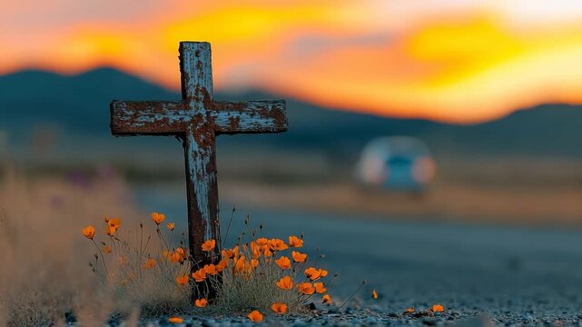 Cross stands by the roadside with flowers during sunset in a quiet landscape
