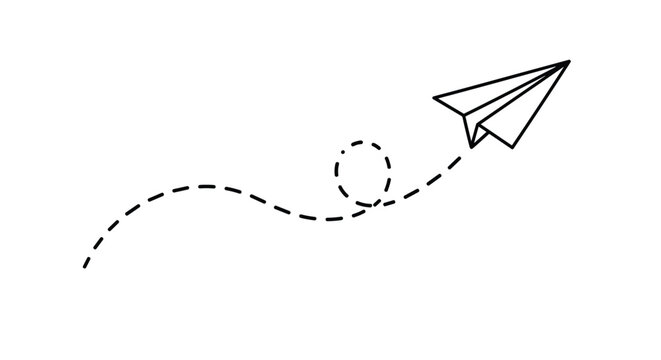 Simple black and white line drawing of a paper airplane flying along a dashed path with a loop indicating movement and travel.